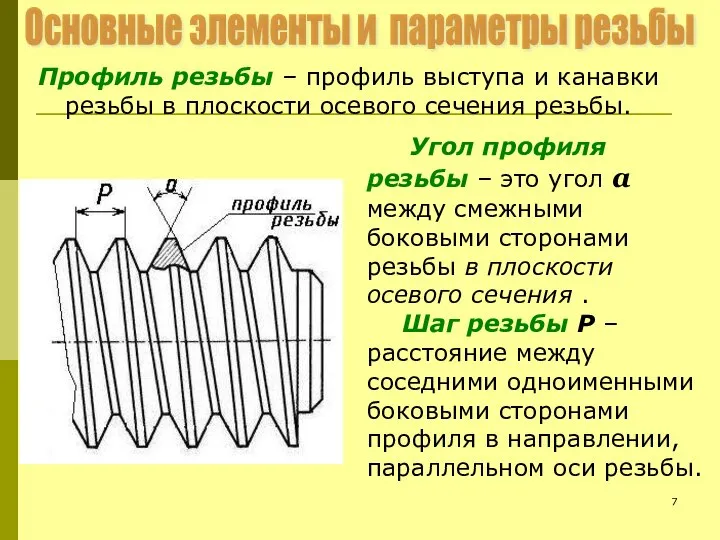 Основные элементы и параметры резьбы Профиль резьбы – профиль выступа и