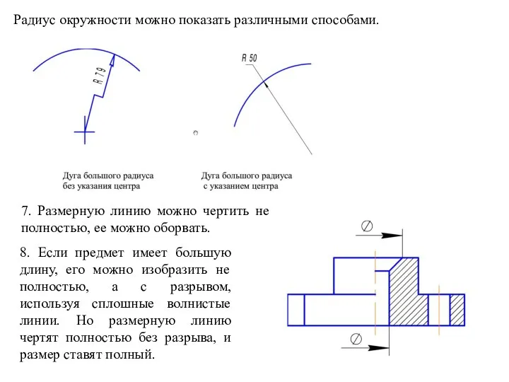 Радиус окружности можно показать различными способами. 7. Размерную линию можно чертить