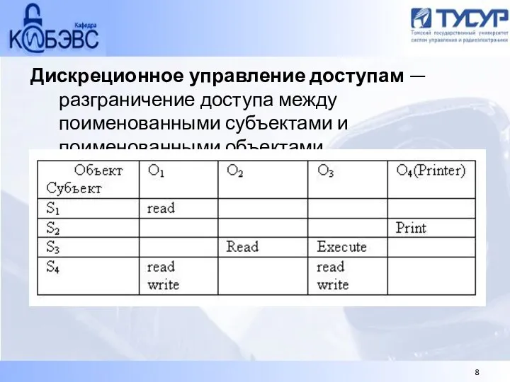 Дискреционное управление доступам — разграничение доступа между поименованными субъектами и поименованными объектами.