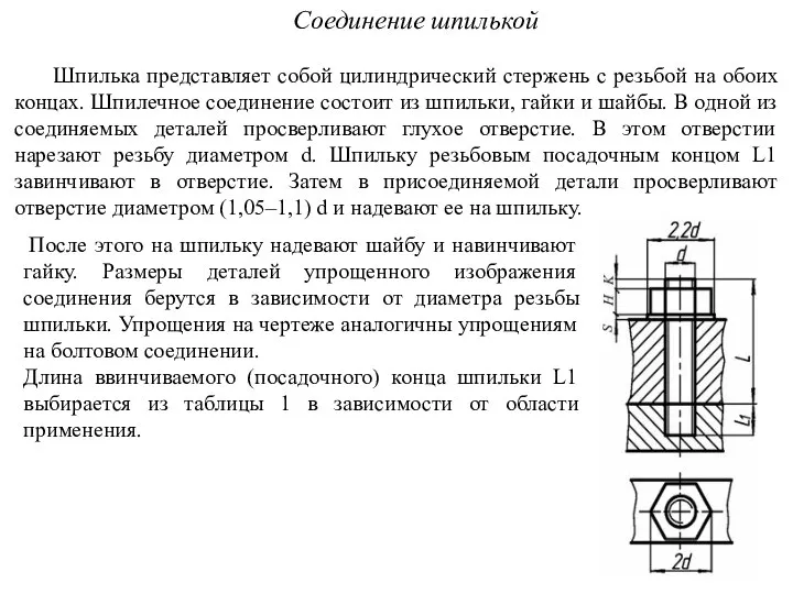 Соединение шпилькой Шпилька представляет собой цилиндрический стержень с резьбой на обоих