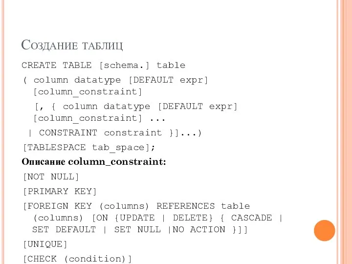 Создание таблиц CREATE TABLE [schema.] table ( column datatype [DEFAULT expr]