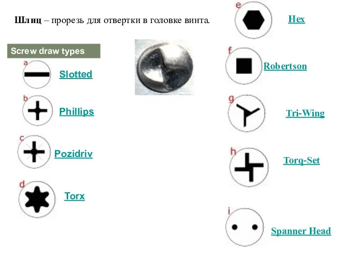 Шлиц – прорезь для отвертки в головке винта. Hex Robertson Tri-Wing Torq-Set Spanner Head