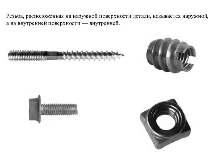 Резьба, расположенная на наружной поверхности детали, называется наружной, а на внутренней поверхности — внутренней.