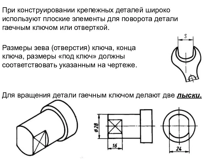 Для вращения детали гаечным ключом делают две лыски. Размеры зева (отверстия)