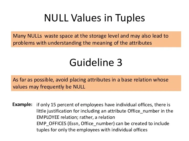 NULL Values in Tuples Many NULLs waste space at the storage