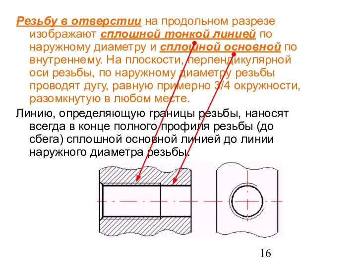 Резьбу в отверстии на продольном разрезе изображают сплошной тонкой линией по