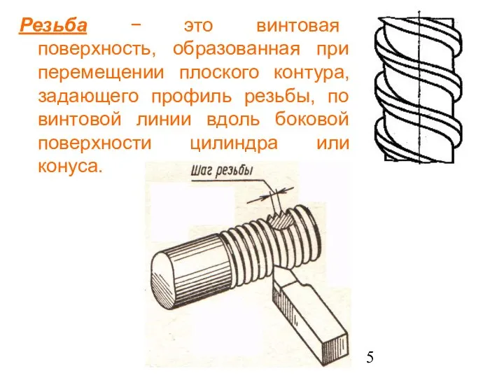 Резьба − это винтовая поверхность, образованная при перемещении плоского контура, задающего