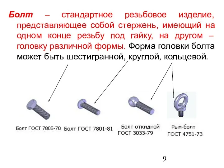 Болт – стандартное резьбовое изделие, представляющее собой стержень, имеющий на одном