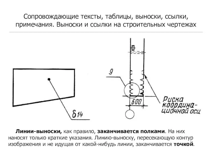 Сопровождающие тексты, таблицы, выноски, ссылки, примечания. Выноски и ссылки на строительных