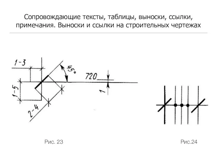 Сопровождающие тексты, таблицы, выноски, ссылки, примечания. Выноски и ссылки на строительных чертежах Рис. 23 Рис.24