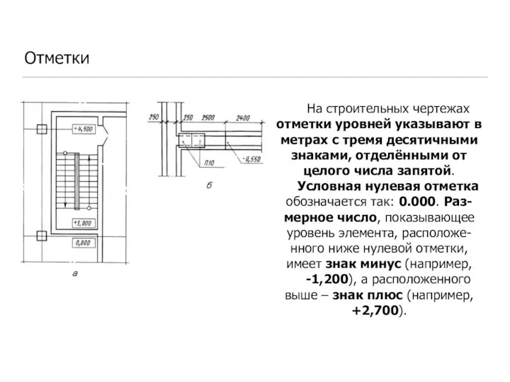 Отметки На строительных чертежах отметки уровней указывают в метрах с тремя