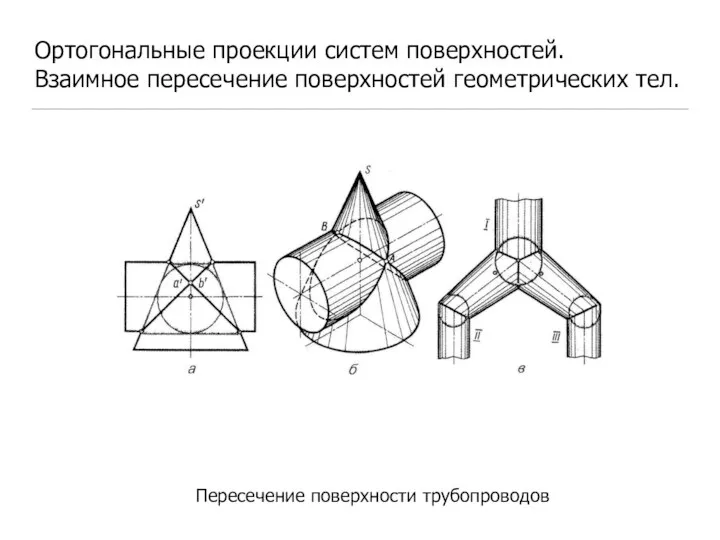 Ортогональные проекции систем поверхностей. Взаимное пересечение поверхностей геометрических тел. Пересечение поверхности трубопроводов