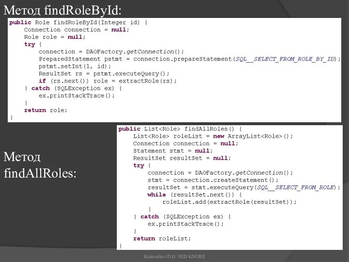 Метод findRoleById: Метод findAllRoles: Kolesnikov D.O. SED KNURE
