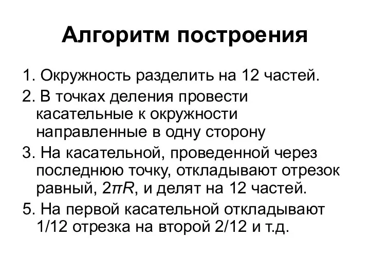 Алгоритм построения 1. Окружность разделить на 12 частей. 2. В точках