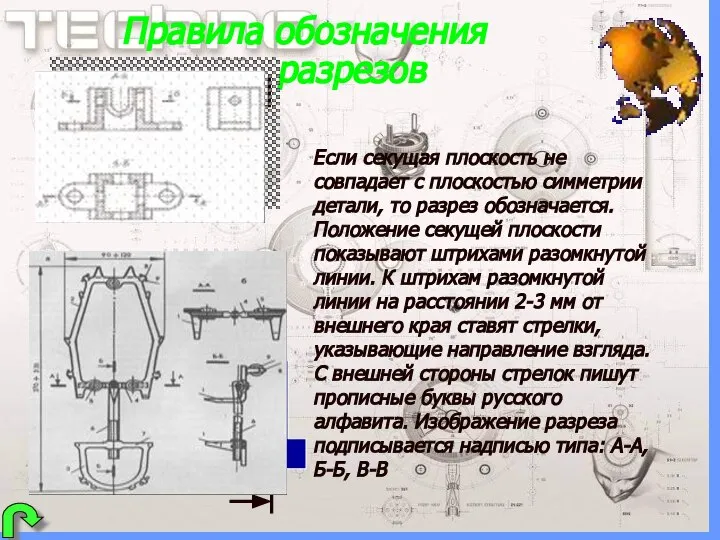 Правила обозначения разрезов Если секущая плоскость не совпадает с плоскостью симметрии