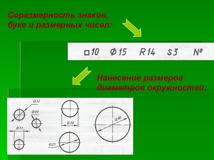 Нанесение размеров диаметров окружностей: Соразмерность знаков, букв и размерных чисел: