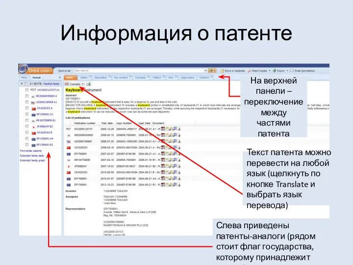 Информация о патенте На верхней панели – переключение между частями патента