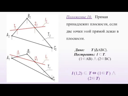 Положение 10. Прямая принадлежит плоскости, если две точки этой прямой лежат