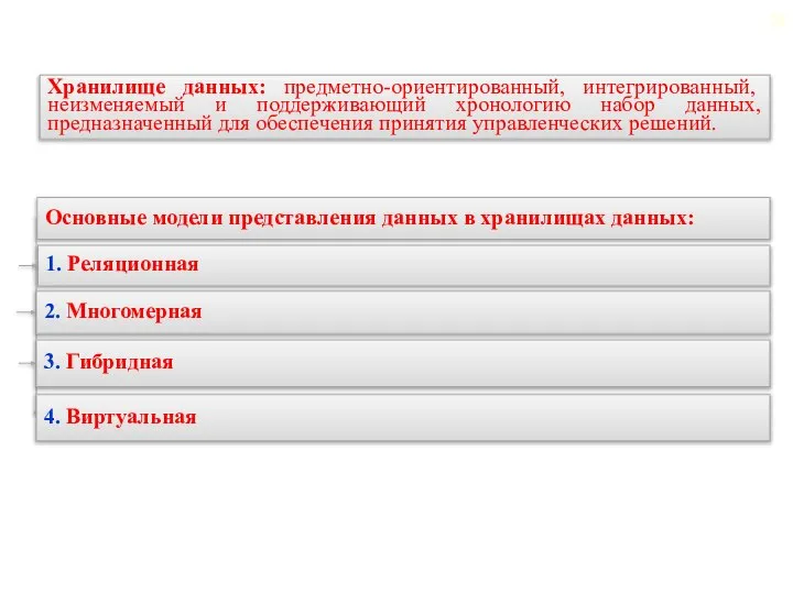 Хранилище данных: предметно-ориентированный, интегрированный, неизменяемый и поддерживающий хронологию набор данных, предназначенный