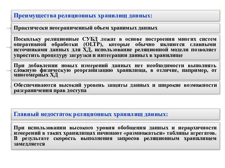 Преимущества реляционных хранилищ данных: Поскольку реляционные СУБД лежат в основе построения