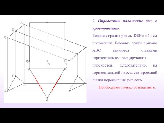 2. Определить положение тел в пространстве. Боковые грани призмы DEF в