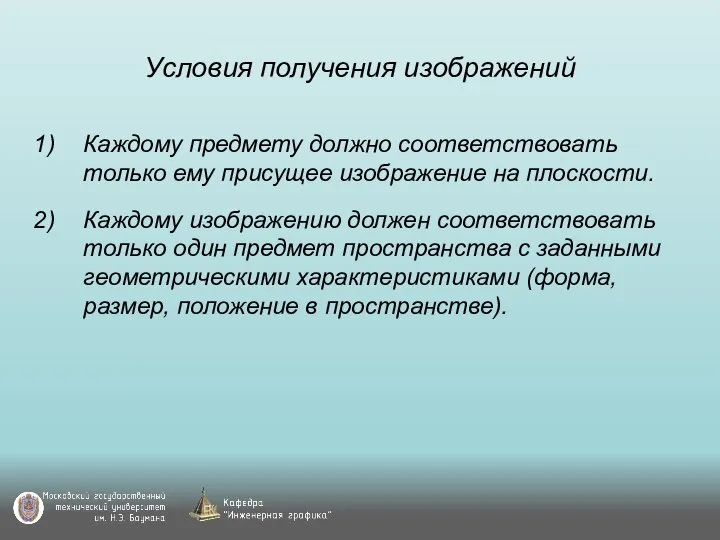 Условия получения изображений Каждому предмету должно соответствовать только ему присущее изображение