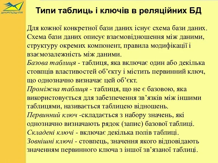 Типи таблиць і ключів в реляційних БД Для кожної конкретної бази