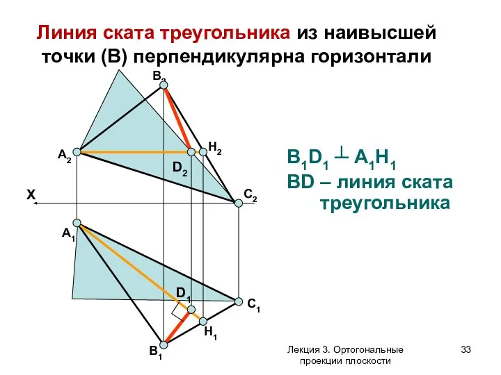 В1D1 ┴ А1H1 ВD – линия ската треугольника А2 В2 С2