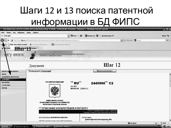 Шаги 12 и 13 поиска патентной информации в БД ФИПС