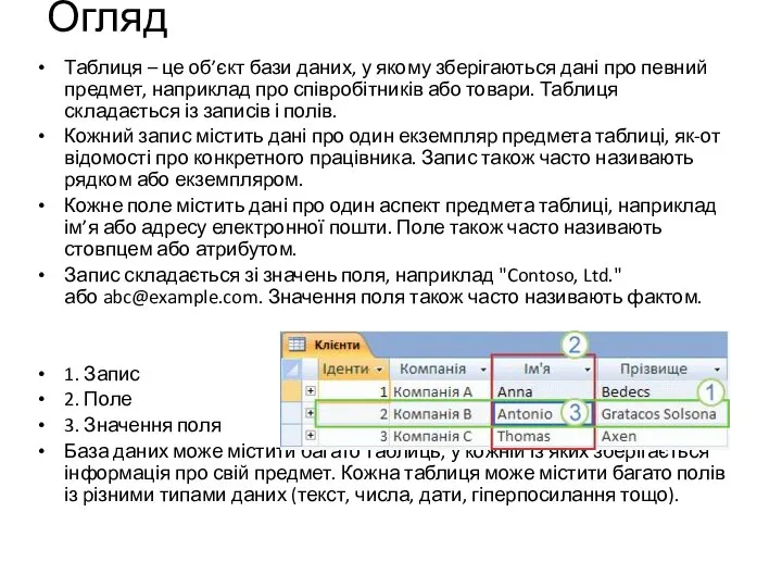 Огляд Таблиця – це об’єкт бази даних, у якому зберігаються дані