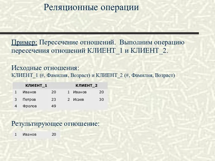 Реляционные операции Пример: Пересечение отношений. Выполним операцию пересечения отношений КЛИЕНТ_1 и