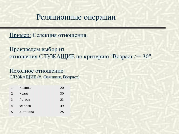 Реляционные операции Пример: Селекция отношения. Произведем выбор из отношения СЛУЖАЩИЕ по