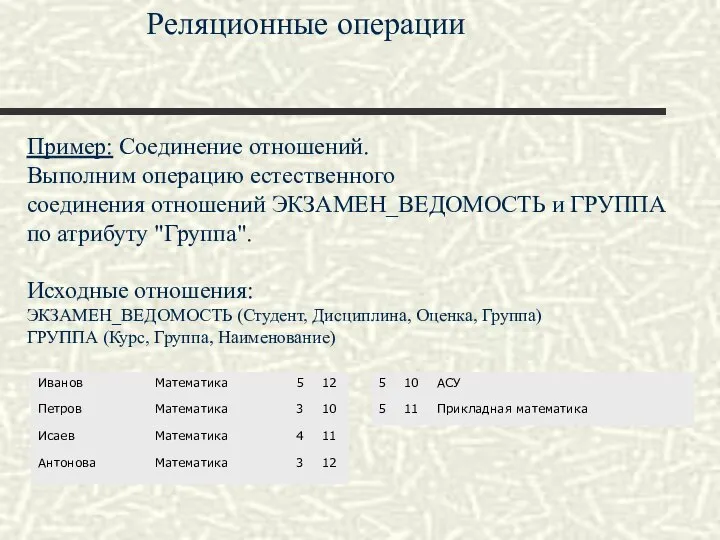 Реляционные операции Пример: Соединение отношений. Выполним операцию естественного соединения отношений ЭКЗАМЕН_ВЕДОМОСТЬ