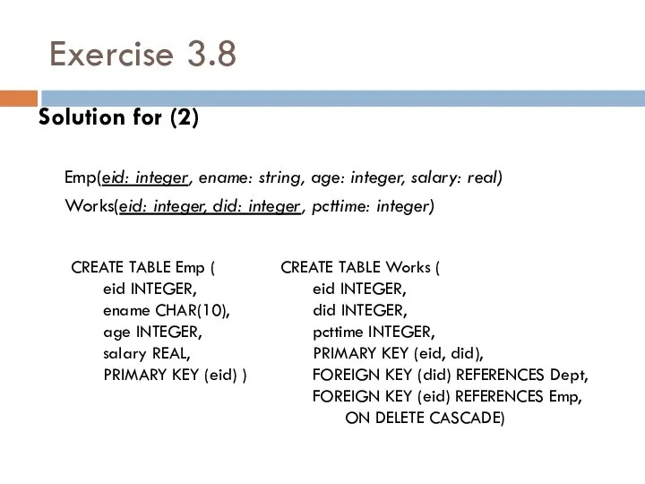 Exercise 3.8 Solution for (2) Emp(eid: integer, ename: string, age: integer,