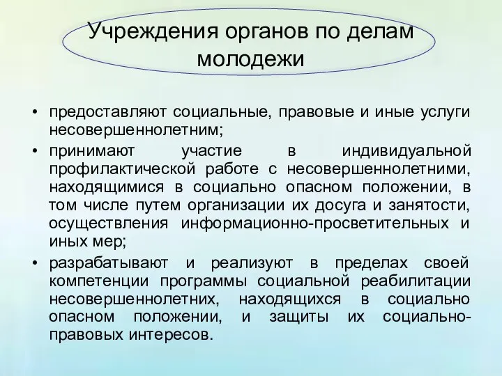 Учреждения органов по делам молодежи предоставляют социальные, правовые и иные услуги