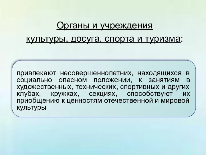 Органы и учреждения культуры, досуга, спорта и туризма: привлекают несовершеннолетних, находящихся