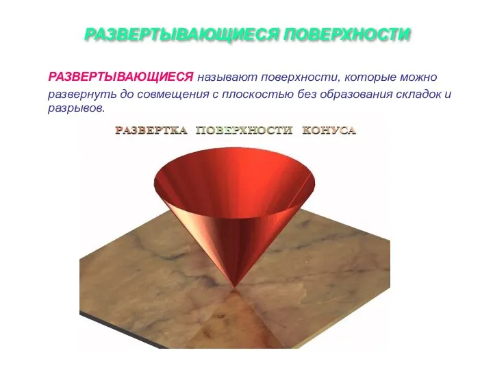 РАЗВЕРТЫВАЮЩИЕСЯ ПОВЕРХНОСТИ РАЗВЕРТЫВАЮЩИЕСЯ называют поверхности, которые можно развернуть до совмещения с