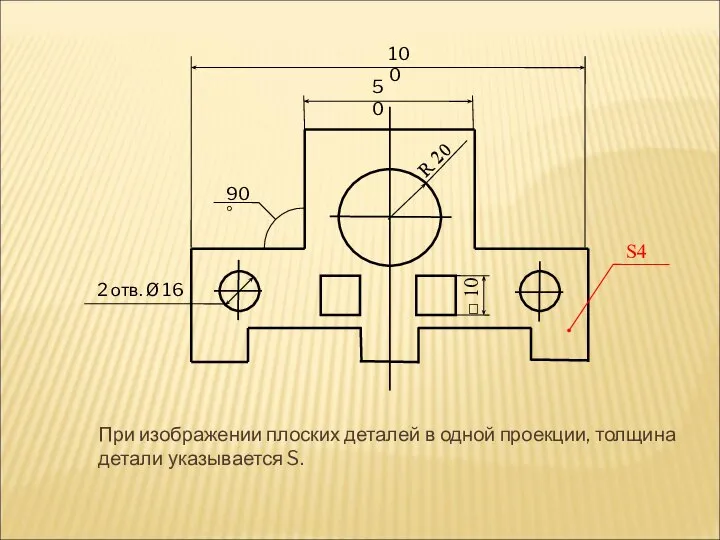 При изображении плоских деталей в одной проекции, толщина детали указывается S.