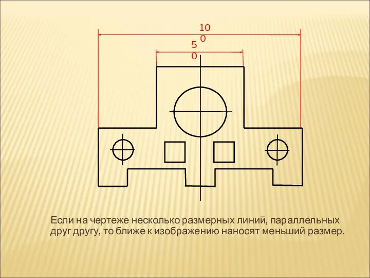 Если на чертеже несколько размерных линий, параллельных друг другу, то ближе к изображению наносят меньший размер.