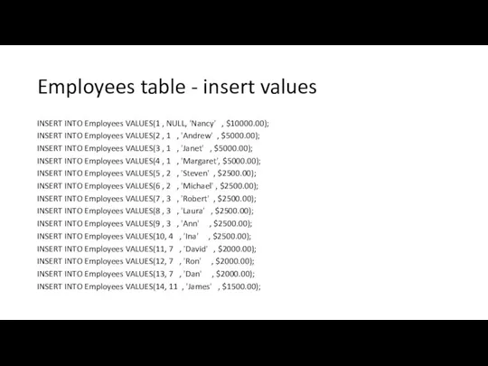 Employees table - insert values INSERT INTO Employees VALUES(1 , NULL,