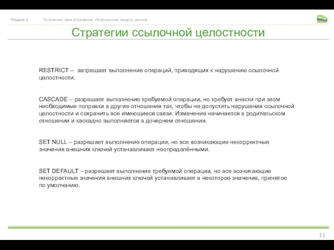 Стратегии ссылочной целостности Раздел 3. Логическое проектирование. Реляционная модель данных. RESTRICT