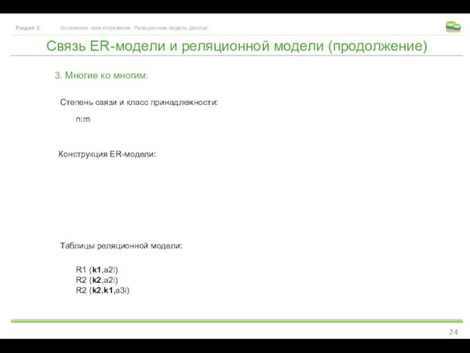 Связь ER-модели и реляционной модели (продолжение) Раздел 3. Логическое проектирование. Реляционная