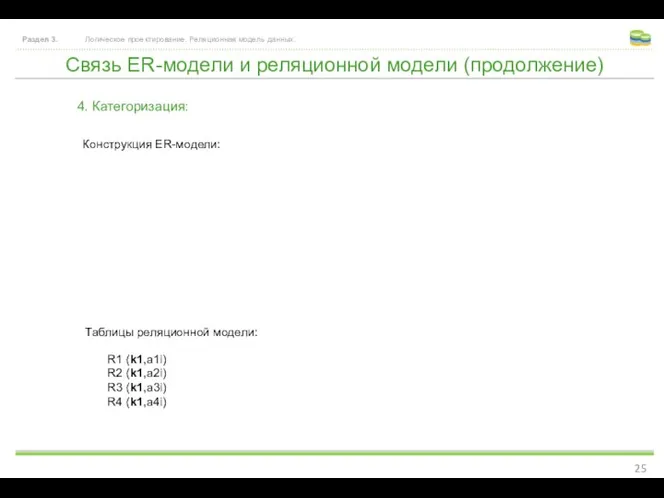 Связь ER-модели и реляционной модели (продолжение) Раздел 3. Логическое проектирование. Реляционная