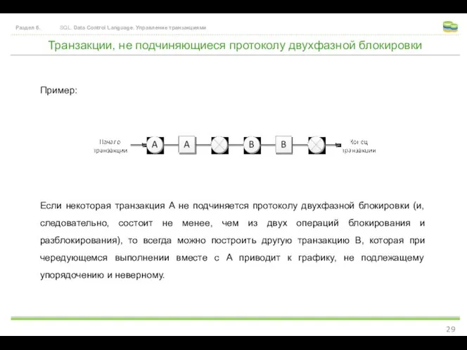 Транзакции, не подчиняющиеся протоколу двухфазной блокировки Раздел 6. SQL. Data Control