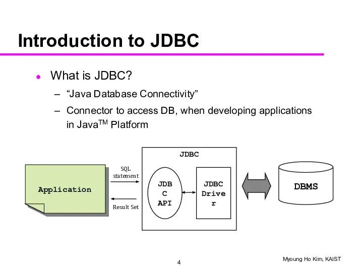 Introduction to JDBC What is JDBC? “Java Database Connectivity” Connector to