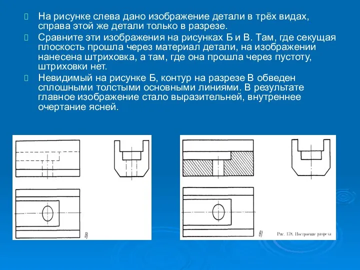 На рисунке слева дано изображение детали в трёх видах, справа этой