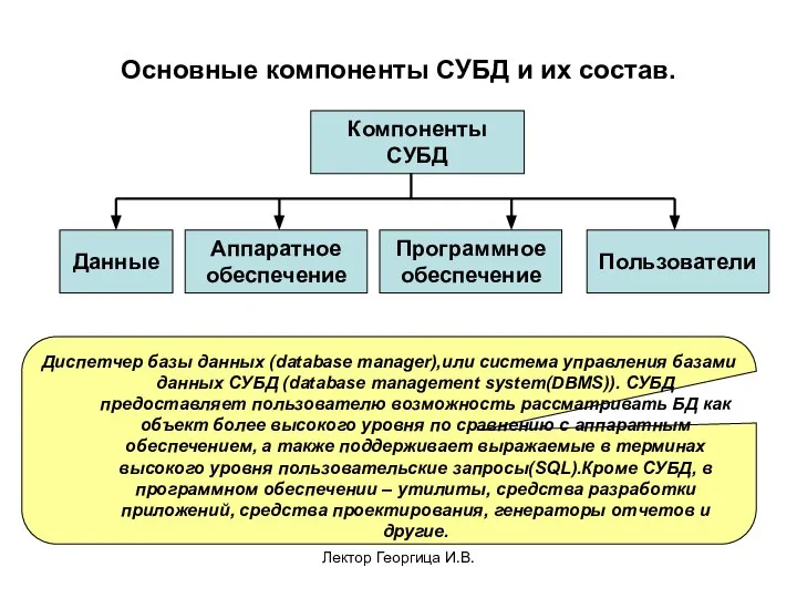 Лектор Георгица И.В. Основные компоненты СУБД и их состав. Компоненты СУБД