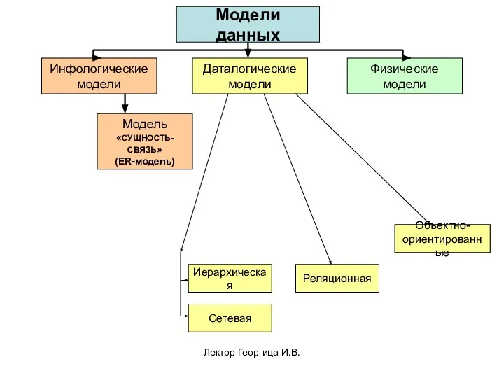 Лектор Георгица И.В. Модели данных Инфологические модели Даталогические модели Физические модели