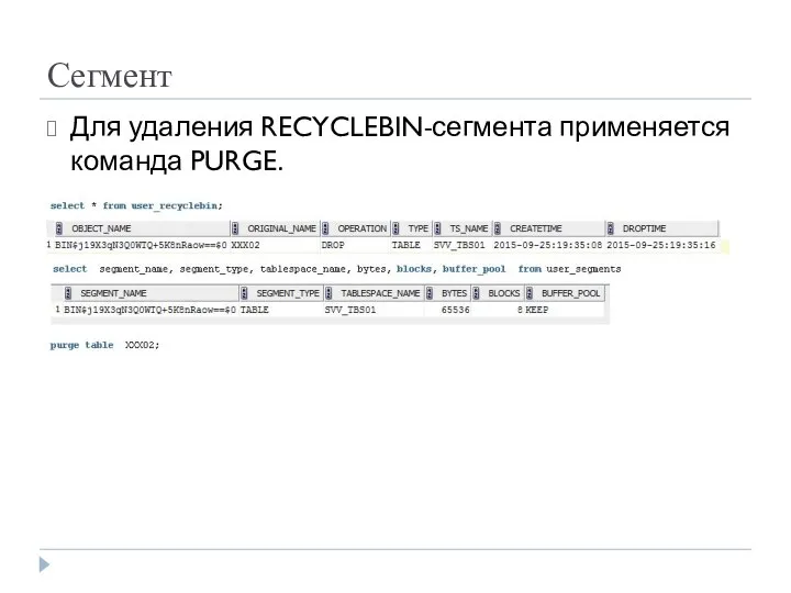 Сегмент Для удаления RECYCLEBIN-сегмента применяется команда PURGE.