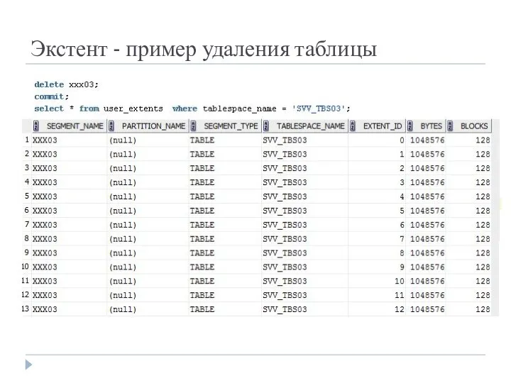 Экстент - пример удаления таблицы